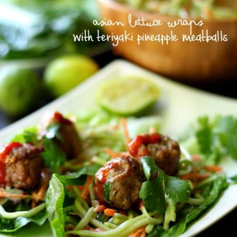 Asian Lettuce Wraps with Teriyaki Pineapple Meatballs - Kim's Cravings Aidells Teriyaki Pineapple Meatballs, Teriyaki Pineapple Meatballs, Teriyaki Meatballs Recipe, Meatballs With Rice, Copycat Panera Bread, Apple Chicken Salad, Teriyaki Pineapple, Pineapple Meatballs, Teriyaki Chicken Meatballs