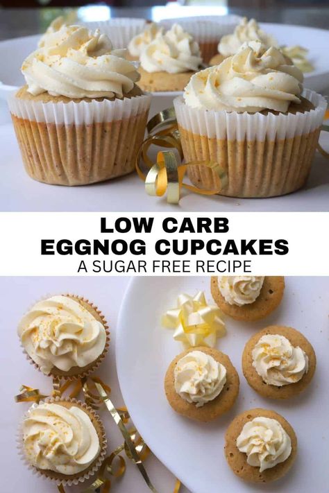 Create a holiday favorite with low carb eggnog cupcakes topped with sugar-free buttercream frosting. Perfect for celebrating the season without the sugar. These cupcakes are festive, easy to make, and a must-have for any gathering. Try them for a holiday treat that’s diabetic-friendly and full of flavor. Save this recipe now! Sugar Free Cupcakes, Eggnog Ice Cream, Eggnog Cupcakes, Low Carb Gingerbread, Low Carb Holiday Recipes, Low Carb Cupcakes, Classic Eggnog, Cream Cheese Buttercream Frosting, Low Carb Holiday