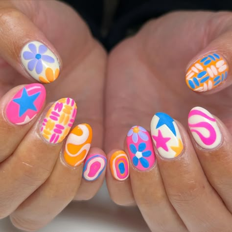 Cute Nails Acrylic Colorful, Colorful Nail Inspo Short, Bright Color Nail Designs Summer, Nail Ideas Funky, Fun January Nails, Funky Summer Nail Art, Funky Colorful Nails, Fun Bright Nail Designs, Mix And Match Nails Design