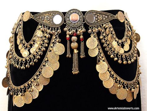 Belly Dance / Tribal Coin Belt With Binty Bells, Coins & Mirror Medallion - Gold Tone Make Your Own Costume, Belly Dance Bra, Coin Belt, Dance Bras, Belly Dance Belt, Cross Belt, Dancer Wear, Jitterbug, Harem Pant