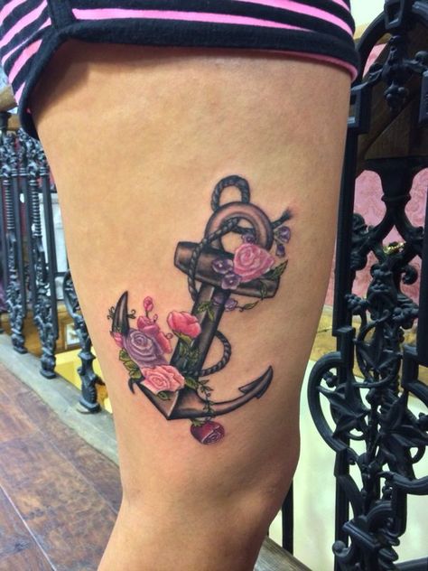 Floral Anchor Tattoos For Women, Anchor Tattoos For Women Flowers, Feminine Anchor Tattoo Flowers, Colorful Anchor Tattoos For Women, Anchor With Flowers Tattoos For Women, Candy Tattoo, Stylish Tattoo, Anchor Tattoos, Anchor Tattoo