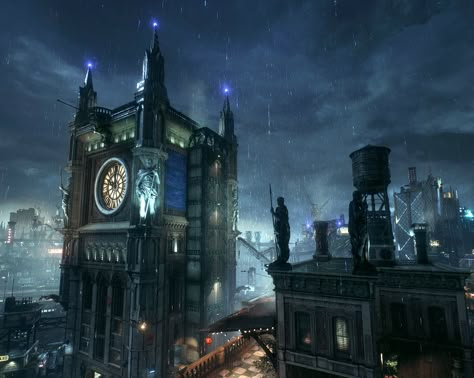 Gotham Clock tower. Batman Arkham knight. Gotham City Arkham Knight, Arkham City Concept Art, Batman Arkham Knight Gotham City, Wayne Tower Gotham, Gotham Knights Aesthetic, Batman Arkham Aesthetic, Arkham Knight Aesthetic, Arkham Aesthetic, Clock Tower Aesthetic