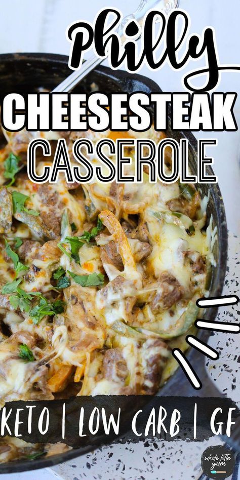 #LowCarbFoods Keto Beef Casserole, Cheese Steak Casserole, Philly Cheese Steak Casserole Recipe, Easy One Pan Dinner, Steak Peppers, Steak Casserole, Philly Cheese Steak Casserole, Healthy Low Carb Snacks, Keto Beef