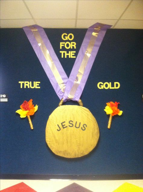 The Real Gold Bulletin Board Cathletics Vbs, Gold Bulletin Board, Olympic Bulletin Board, Vbs Craft Ideas, Leaf Crafts For Kids, Sports Vbs, Vbs Olympics, Olympics Decorations, Craft Ideas For Adults