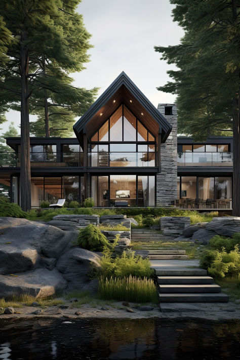 #modern, #moderncottage, #moderncottagehouse, #cottagedsedign Farm Style House, Mountain Home Exterior, Porch Landscaping, Wooden House Design, Modern Lake House, A Frame House Plans, House Design Exterior, Casa Exterior, Modern Cottage