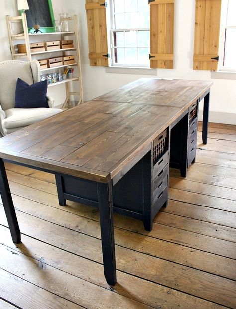 multipurpose work table with storage Work Table With Storage, Kitchen Table With Storage, Diy Esstisch, Craft Tables With Storage, Craft Room Tables, Kitchen Work Tables, Craft Table Diy, Dining Table With Storage, Sewing Room Design