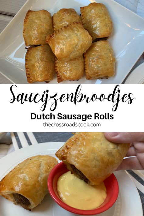 Dutch Sausage Rolls, or Saucijzenbroodjes, are a classic Dutch snack food that is easy to make at home with some store-bought puff pastry! Rolls Recipe Easy, Meat Pie Recipe, Sausage Rolls Recipe, Sausage Biscuits, Savoury Pies, Sausage Bake, Biscuit Rolls, Bakery Ideas, Food Appetizers