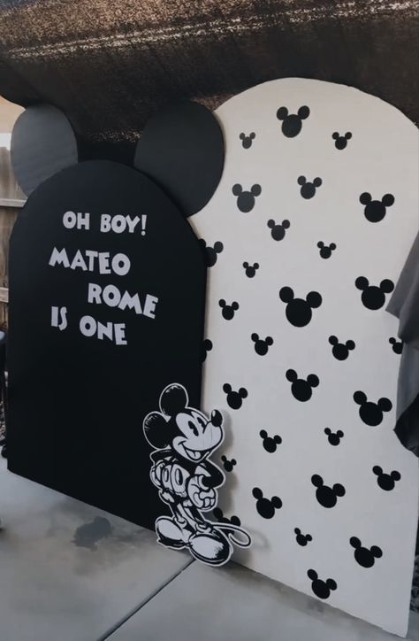 Modern Mickey Mouse First Birthday Black and White Mickey Mouse Vintage Mickey Mouse Black Mickey Mouse, Vintage Mickey 1st Birthday, Minimalist Mickey Mouse Birthday, Classic Mickey And Minnie Birthday, Mickey Mouse Birthday Party Ideas 1st Black And White, Mickey Mouse Birthday Vintage, Modern Mickey Birthday Party, Modern Mickey Mouse Birthday Party, Mickey Mouse Photo Backdrop