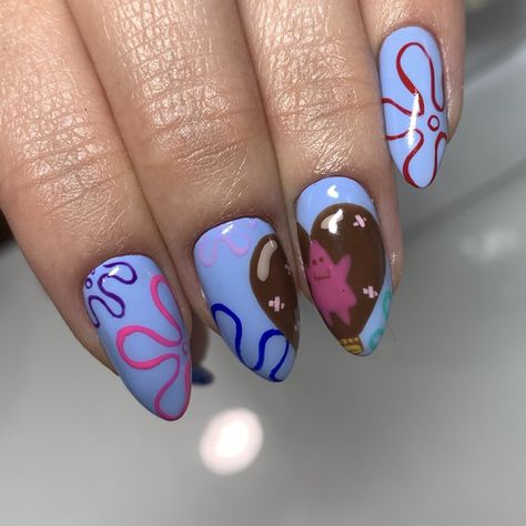 Spongebob squarepants patrick star bikini bottom valentines day nail art Patrick Star Nail Art, Perry The Platypus Nails, Spongebob Valentines Day Nails, Patrick Star Nails, Spongebob Nail Art, V Nails, Spongebob Nails, Birthday Nail Art, Valentines Day Nail Art