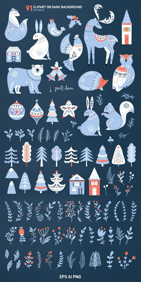 Scandinavian Christmas Nordic winter by Picsela on @creativemarket How To Draw Scandinavian Folk Art, Nordic Christmas Design, Scandinavian Animals Illustration, Scandinavian Christmas Folk Art, Scandi Christmas Illustration, Nordic Christmas Pattern, Scandinavian Illustration Graphics, Winter Pattern Design, Christmas In Scandinavia