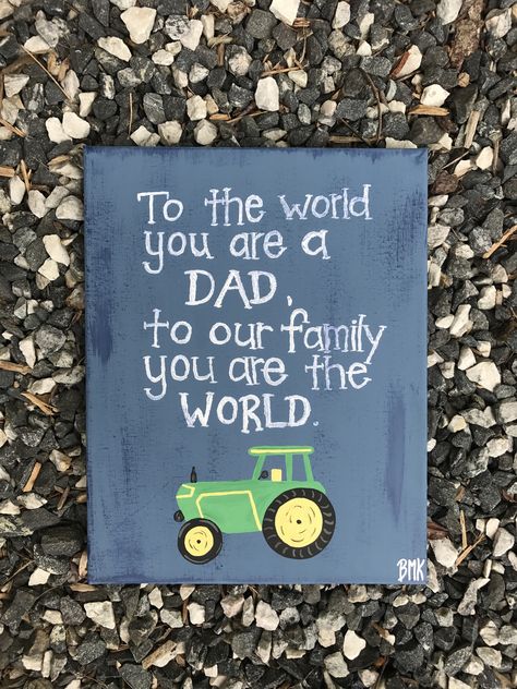 Happy Father's Day canvas to all the dads out there! Canvases ordered by @holly326 "to the world you are a dad, to our family to are the world" with a fishing boat & a green tractor Fathers Day Canvas painting gift || Canvases for Christ BMK || Bethany Knecht Art #canvasesforchrist #bibleversecanvas #happyfathersday #dad #boat #boatpainting #tractor #tractorpainting #painting #art #canvases #fathersday Painting Ideas On Canvas Fathers Day, Dad Painting Ideas Father's Day, Things To Paint For Father’s Day, Fathers Day Canvas Painting, Father’s Day Canvas Ideas, Father Day Painting Ideas On Canvas, Father’s Day Paintings Canvas, Fathers Day Painting Ideas, Fathers Day Painting Canvases