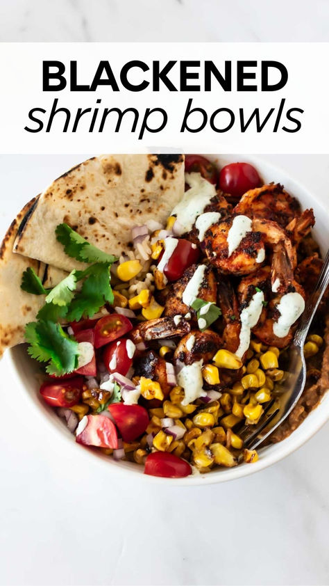 blackened shrimp bowls Shrimp Bowls Recipe, Blackened Shrimp Bowl, Shrimp Bowls, Serve Over Rice, Blackened Shrimp, Fresh Meals, Salmon Bowl, Dinner Plan, Dry Rub