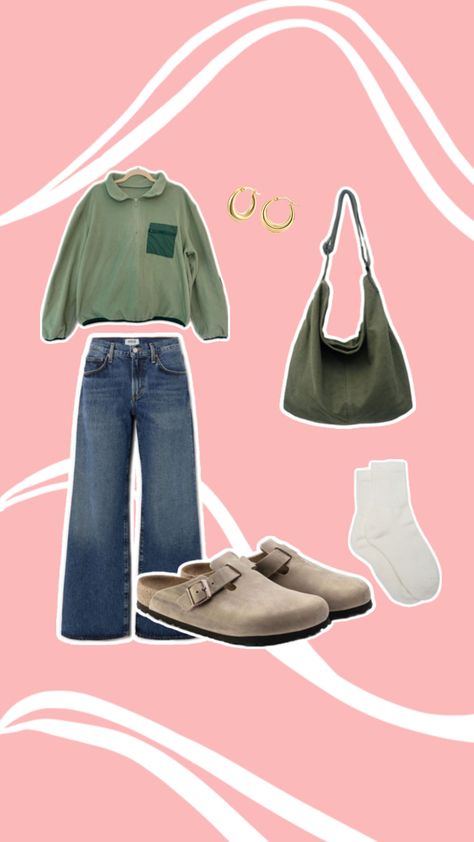 Simple outfit, cute outfit, casual, daily outfit inspo, school, back to school, university outfit, college outfit, uni outfit, out in the town outfit, shopping outfit, going to get groceries outfit, easy outfit inspo, fashion, fall outfit, autumn outfit, spring outfit, lazy girl fashion, lazy outfit. 🤍 to get this look: green quarter zip top, dark wash jeans, light beige Birkenstocks clogs, dark large tote bag, gold hoop earrings, white socks. Groceries Outfit, Lazy College Outfit, Birkenstocks Clogs, Birkenstocks Outfits, Back To School University, Outfit Uni, Outfit Inspo School, Lazy Outfit, Uni Outfit