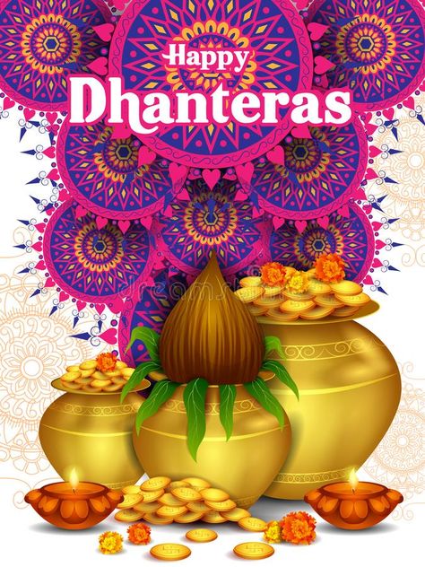 Gold Kalash with decorated diya for Happy Dhanteras Diwali festival holiday celebration of India greeting background stock illustration Happy Dhanteras Hd Images, Dhanteras Images, Happy Dhanteras Wishes, Diwali Holiday, Diwali Pictures, Holi Wishes, Happy Diwali Images, Happy Dhanteras, Diwali Diya