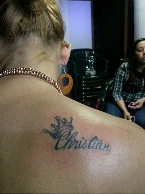 Shoulder Name Tattoo, Name With Crown Tattoo, In Loving Memory Tattoos, Christian Names, Tattoo Name, Foot Tattoos For Women, Crown Tattoo, Name Tattoo Designs, Memorial Tattoos