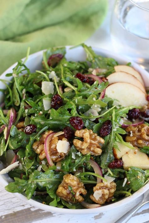 Savory and sweet, this Rocket Pear Salad is a simple and healthy recipe. Perfect as a side dish or light meal with arugula, pear, honey glazed walnuts, parmesan and a balsamic vinaigrette. So delicious and easy, this is sure to become a Fall favorite.  #RocketSaladRecipe #RocketSalad #ArugulaSalad #EasySalads #FallSalads https://www.thefedupfoodie.com/ Salad Trio Ideas, Easy Lunch For Guests Entertaining, Super Healthy Dinner Recipes, Salads With Fruit And Nuts Healthy, Best Restaurant Salads, Romaine Lettuce Salad Recipes, Whole 30 Salad, Arugula Pear Salad, Work Salads