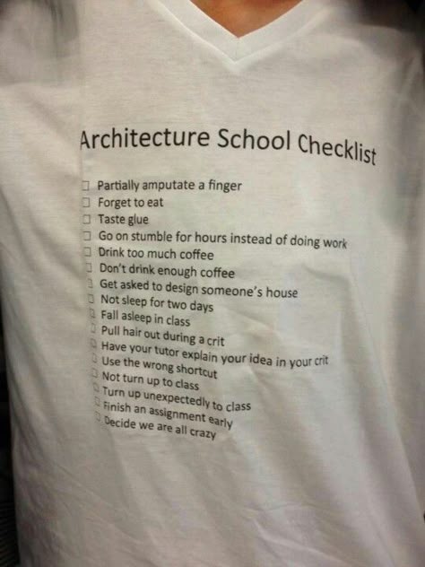 Checklist for architecture students...I'm an interior design student but I can def relate! Archi Student, Architecture Memes, Architect Student, School Checklist, Interior Design Student, Architecture Panel, Architecture School, Architecture Life, Architecture Sketchbook