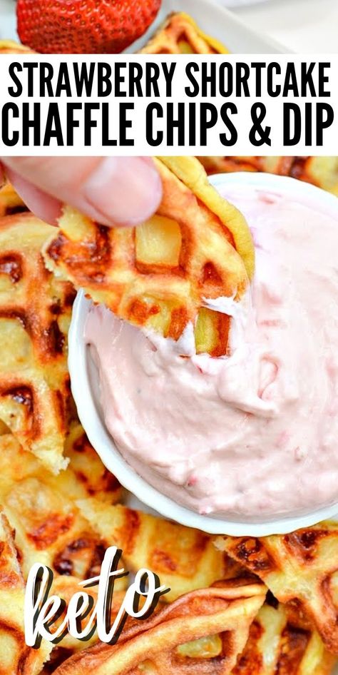 Keto Strawberry Shortcake Chaffle Chips and Dip #ketostrawberryshortcakechafflechipsanddip #strawberryshortcakechafflechipsanddip Chaffles Recipe Keto Easy Cream Cheese, Strawberry Shortcake Chaffles, Strawberry Chaffle Recipe Keto, Cake Batter Chaffle Keto, Chicken Chips Keto, Chaffle Dinner Recipe, Keto Strawberry Recipes, Chicken Chaffle Recipe Keto, Dessert Chaffle Recipes