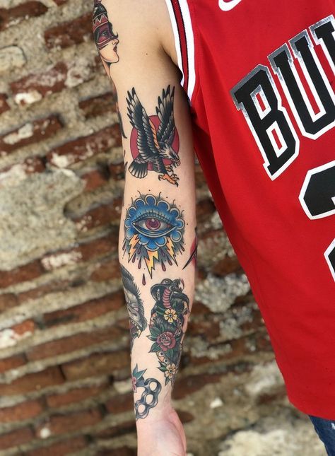 Traditional Bicep Tattoo, Tatto Old Scold, Best Traditional Tattoos, American Traditional Tattoo Sleeve, Traditional Tattoo Arm, Old School Tattoo Sleeve, Traditional Chest Tattoo, Forearm Cover Up Tattoos, Tatuaje Cover Up