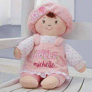 Personalized Stuffed Animals & Dolls | Personalization Mall My First Baby Doll, My First Baby, Blonde Babies, Personalized Stuffed Animals, Personalized Dolls, Shirt With Lace, Plush Toy Dolls, Personalized Baby Gifts, Soft Dolls