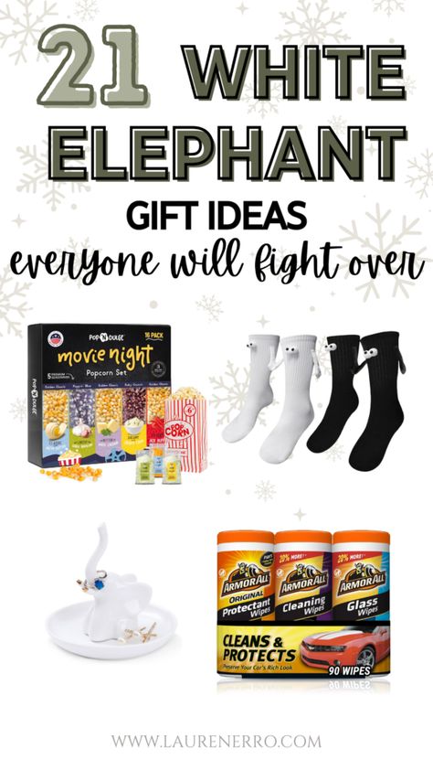 21 White Elephant Gifts Everyone Will Fight Over | Lauren Erro White Gifts Ideas, Lottery Ticket White Elephant Gift, Perfect White Elephant Gift, Cool White Elephant Gifts, Weird White Elephant Gifts, White Elephant Gift Themes Ideas, Gift Fillers Ideas, Office White Elephant Gift Ideas Diy, White Elephant Gag Gift Ideas