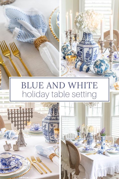 Beautiful Table Settings For Home, Christmas Table Settings Blue, Table Settings Blue And White, Table Settings Blue, French Country Table Decor, Red Tablescape, Modern French Farmhouse Decor, White Christmas Table, Blue And White Dining Room