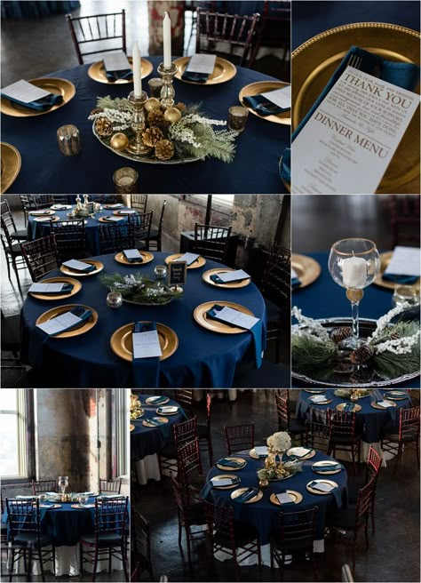 Urban-Event-Space-Reception, winter wedding reception, navy and gold wedding, Kansas City wedding, winter wedding Navy Blue Party Decorations, Navy Gold Wedding, Navy Blue And Gold Wedding, Blue Party Decorations, Blue Gold Wedding, Starry Night Wedding, Rustic Wedding Decorations, Wedding Concept, Wedding Table Linens