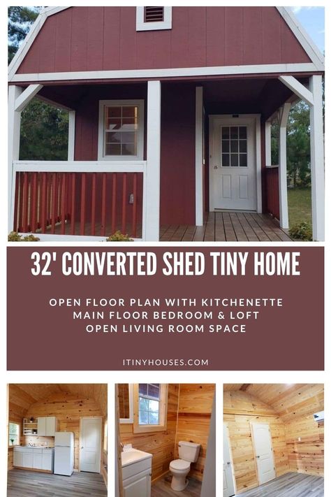 This 32' converted shed is a gorgeous tiny home with rustic style and modern features. It even has a private main floor bedroom! A tiny barn turned into a home, this is a great affordable tiny home option that is ideal for families. Shed Turned Into Bedroom, Sheds Turned Into Homes Floor Plans, Storage Buildings Turned Into Homes, Amish Shed Tiny House, Tuff Shed Tiny House Floor Plans, 12x32 Tiny House Floor Plans With Loft, Sheds Turned Into Homes Interior, Turn Shed Into Tiny House, Turning A Shed Into A Tiny House