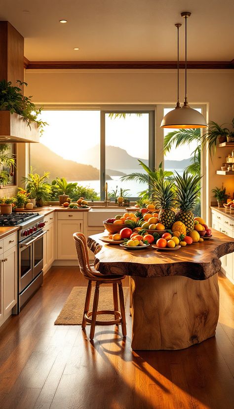 Explore a breathtaking Hawaiian tropical kitchen captured at golden hour, with a stunning live-edge island centerpiece and lush garden views. Perfectly lit with a blend of natural and bamboo-themed pendant lighting, this kitchen design is a Pinterest sensation waiting to inspire. Caribbean Homes Interiors, Island House Tropical, Tropical Kitchen Ideas, Modern Tropical Kitchen, Hawaii House Interior, Hawaii Houses, Hawaii Interior Design, Tropical Houses Interior, Hawaiian Kitchen