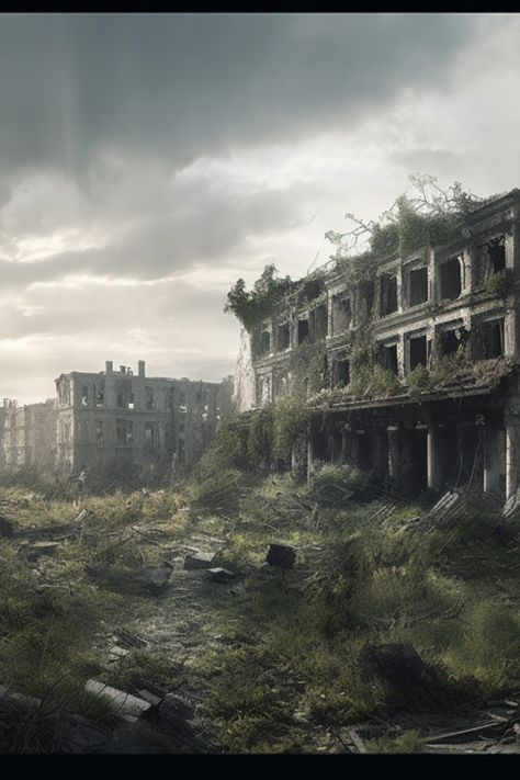 Abandoned Overgrown City, Desolate Aesthetic, Futuristic Ruins, Deserted Island Aesthetic, Run Down City, Overgrown Aesthetic, Desolate City, Destroyed World, Overgrown Ruins