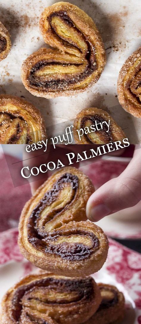 Making cinnamon cocoa palmiers is a snap with prepared puff pastry! These chocolate French cookies, aka elephant ears, are tasty treats for the holidays. | justalittlebitofbacon.com #elephantears #palmiers #puffpastry #frenchrecipes Chocolate Palmiers Recipe, Chocolate Puff Pastry Dessert, Chocolate Palmiers, Palmiers Recipe, Chocolate Puff, Pepperidge Farm Puff Pastry, French Cookies, Puff Pastry Desserts, Easy Puff Pastry