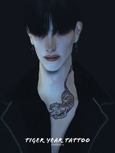 The Sims 4 Neck Tattoo, Sims 4 Cc Neck Tattoo, Sims 4 Neck Tattoo, Sims Traits, Year Tattoo, Tiger Year, Sims 4 Tattoos, The Sims 4 Skin, Sims 4 Anime