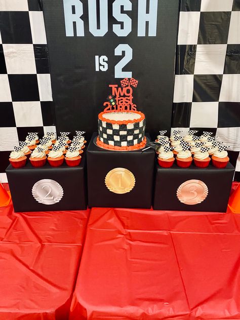 Two year old boy race car themed birthday diy decor! Race Car Diy Decorations, Two Fast Birthday Diy, Too Fast Too Curious Birthday Cake, Diy Race Car Cake, Two Fast Diy Decor, Two Fast Two Furious Birthday Cake, Diy Car Birthday Decorations, Two Fast Birthday Party Boy Cake, Diy Race Car Party Decorations