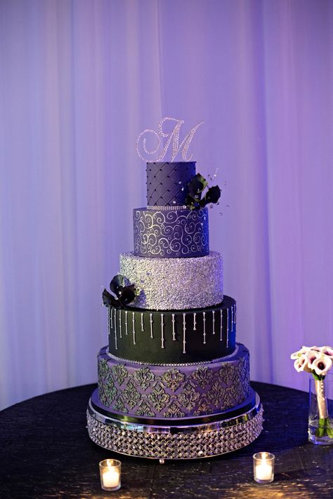 Stunning Purple, Silver & Black Cake | Kristen Weaver Photography Purple Black And Silver Wedding, Silver Wedding Cakes, Silver And Black Wedding, Wedding Cakes Purple, Black And Silver Wedding, Purple Black Wedding, Cakes Purple, Quince Cake, Purple Wedding Cake