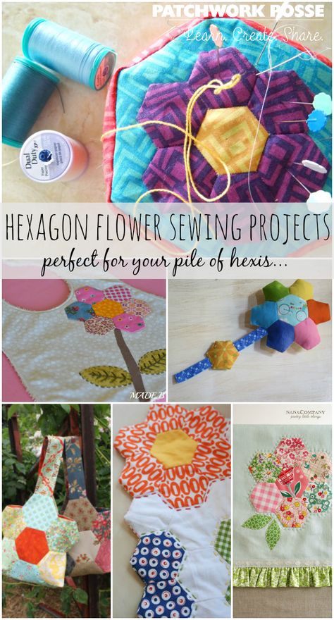 I have a pile of hexis! hexagon flower sewing projects- love the flower shape. Hexagon Flowers, Flower Sewing, Hexagon Patchwork, Hexie Quilt, English Paper Piecing Quilts, Fabric Postcards, Easy Quilt Patterns, Hexagon Quilt, Sewing Projects For Kids