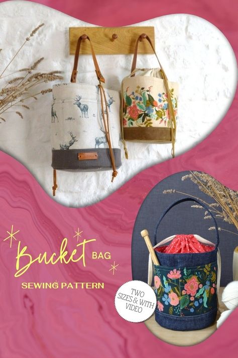 Free Bucket Bag Pattern, Knitting Project Bag Pattern, Knitting Project Bag Sewing Pattern, Bucket Bag Pattern Free, Project Bags To Sew Free Pattern, Bucket Bag Sewing Pattern, Bucket Bag Diy, Crochet Potli Bag, Knitting Bag Sewing Pattern