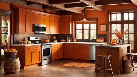 Orange Kitchen Designs Orange Accent Wall Kitchen, Terracotta Colored Kitchen, Burnt Orange Kitchen Cabinets, Orange Kitchen Cabinets, Orange Kitchen Ideas, Burnt Orange Kitchen, Orange Kitchen Designs, Orange Cabinets, Yellow Kitchen Designs