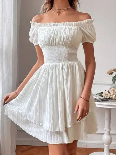 A Line Dress Casual Summer, Simple Dresses For Summer, Grad Dress Under Gown, White Off Shoulder Dress Casual, Cute Dresses And Skirts, Cheap Cute Dresses, White Clothes Women, Off Shoulder White Dress Short, Simple White Summer Dress