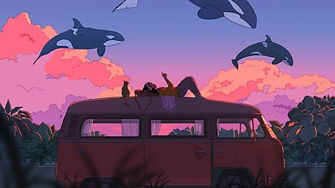 Whales, Roof, A Woman, Van, Anime