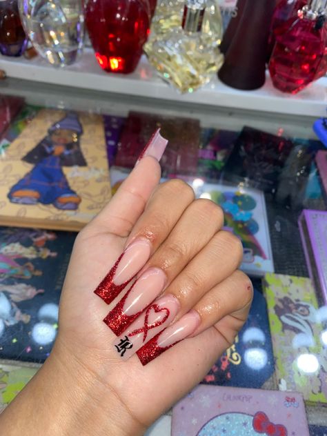 Acrlic nails French tip red glitter Baddie Nails Red French, Red French Tip Acrylic Nails Long, Red French Tip Birthday Nails, Sweet 16 Red Nails, Short Valentines Nails With Initials, Red Nails Ideas Prom, White With Red Tip Nails, Red Glitter French Tip Nails Coffin, Red Acrylic Nails Designs Square