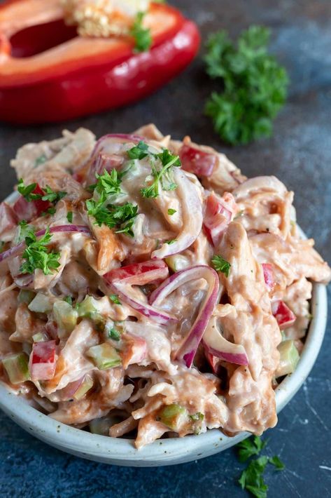 This Bbq Chicken Salad Recipe is great for summertime lunches and meal prepping. Chicken salad flavored with barbecue sauce is fantastic in wraps, sandwiches or with crackers. #chickensaladrecipes #chickensalad #barbecuechicken #bbqchicken #mealprepideas Meal Prepping Chicken, Bbq Chicken Salad Sandwich, Bbq Chicken Salad Recipe, Best Chicken Salad Recipe, Shredded Bbq Chicken, Rotisserie Chicken Salad, Chicken Salad Wrap, Bbq Chicken Salad, Salsa Fresca