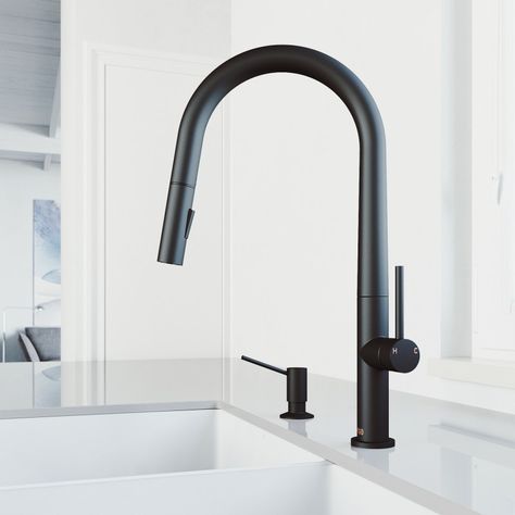 VIGO Greenwich Kitchen Faucet with Braddock Soap Dispenser - Kitchen Faucets - Kitchen Kitchen Faucet Modern, Kitchen Work Station, Matte Black Faucet, Black Kitchen Faucets, Counter Design, Single Handle Kitchen Faucet, Stunning Kitchens, Chrome Hardware, Hardware Finishes