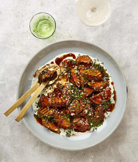 Satay skewers, spicy sweet potatoes, rice paper rolls: Yotam Ottolenghi’s party recipes | Food | The Guardian Spicy Sweet Potatoes, Satay Skewers, Sweet Potato Rice, Grilled Sweet Potatoes, Quick Pickled Cucumbers, Rice Paper Rolls, Potato Rice, Midweek Meals, Yotam Ottolenghi