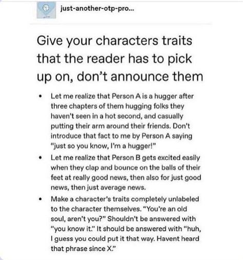 Writing Tips on Instagram: “Don't overdo the last one. Have a complete stranger remark about your POV character, or your POV character analyse someone else in their…” Writing Inspiration Tips, Writing Plot, Writing Memes, Writing Dialogue Prompts, Writing Prompts For Writers, Creative Writing Tips, Writing Motivation, Character Traits, Writing Inspiration Prompts