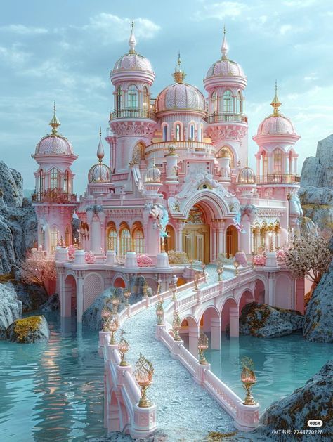 Barbie Palace, Barbie Castle, Background Fantasy, Castle House Design, Trippy Artwork, Future Buildings, Pink Castle, Pink Wallpaper Girly, Castle Aesthetic