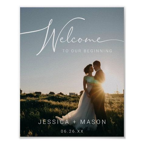 Wedding Welcome Sign Poster with Photo  Zazzle Engagement Poster Ideas, Pre Wedding Poster Design, Pre Wedding Countdown Photos, Wedding Poster Design Ideas, Engagement Poster Design, Welcome Script, Poster With Photo, Bride Essentials, Wedding Edit