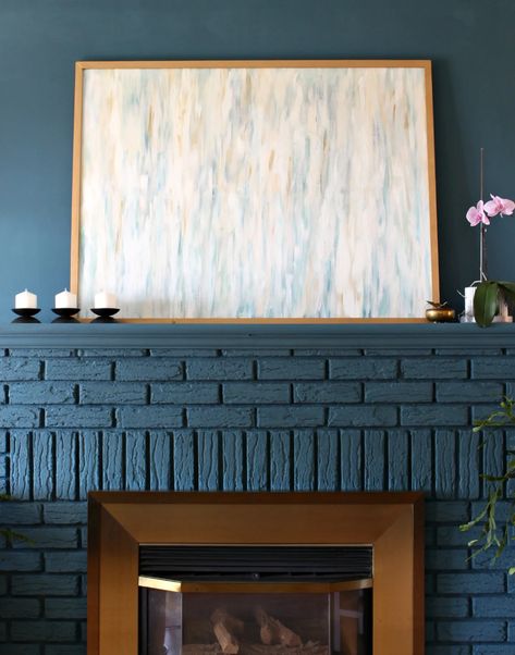 Blue Brick Fireplace, Painting Stone Fireplace, Brick Fireplace Diy, Blue Fireplace, Stone Fireplace Ideas, Grey Fireplace, Charcoal Walls, Basement Fireplace, Gas Fireplace Insert