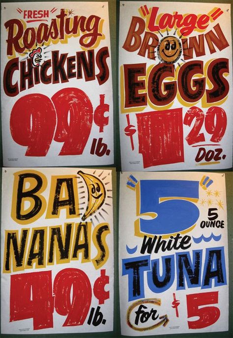 Supermarket Hand Painted Signs | love the over-exaggerated numbers and overlaying of the shadow: Vintage Produce Signs, Market Signage, Grocery Sign, Sign Painting Lettering, Vintage Wooden Signs, Sign Painting, Sign Writing, Hand Lettering Art, Painted Letters