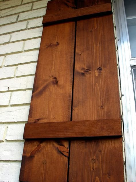 How to Attach Wooden Shutters To Brick « Home Improvement Stack Exchange Blog----I really like the look of these shutters!! Simple Wood Shutters, Stained Cedar Shutters, Simple Shutters Exterior, Wood Trim Over Exterior Window, How To Make Wooden Shutters, Shutter Stain Colors, How To Make Shutters, Cedar Shutters White House, Shutters Vs No Shutters Exterior