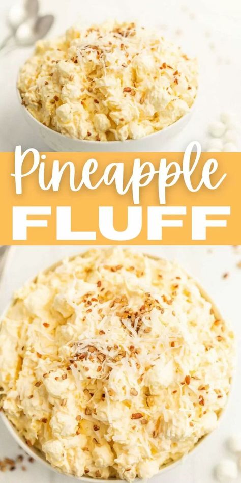 Pineapple Fluff - Pineapple Fluff Recipe Pineapple Fluff Salad, Pineapple Fluff Recipe, Cheesecake Cups Recipe, Pineapple Pudding, Pineapple Fluff, Cool Whip Desserts, Fluff Salad, Eating On A Dime, Pineapple Dessert Recipes